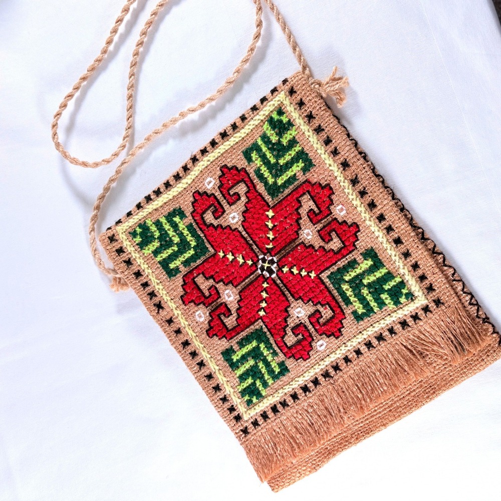 Folk Art Handmade Jute Burlap Cross Stitch Design Fringed Crossbody Bag Lined